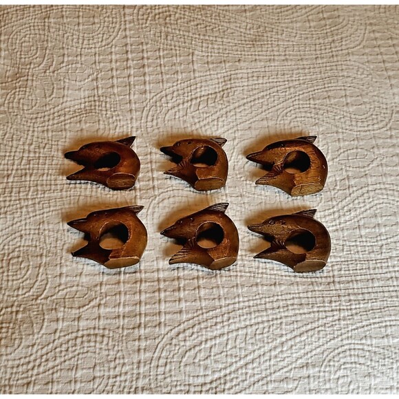 Carved Wood Dolphin Napkin Rings Set Of 6 - Picture 4 of 7